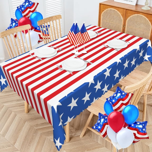 MIZHONA 4th of July Blue Tablecloth Patriotic American Stripes Table Cloth for Dinning,Kitchen,Party,60" x 84"