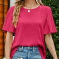 thumbnail image 5 of Ruffle Sleeve Tops for Women Short Sleeve Round Neck Casual Shirts Solid Pullovers Elegant Summer Comfy Tops Hot Pink,S, 5 of 7