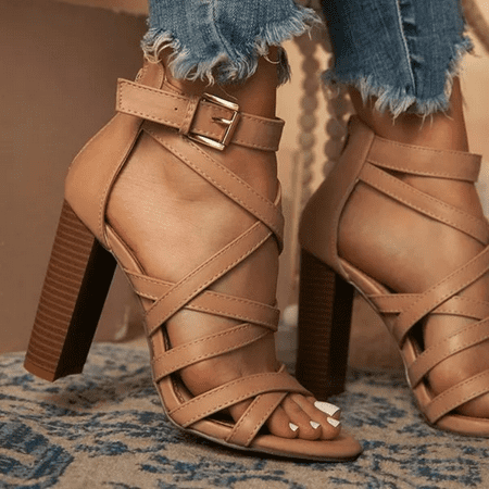 

Women‘s Cross Strap Chunky High Heels Open Toe Ankle Buckle Strap Sandals Solid Color Casual Shoes