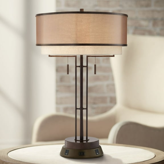 Franklin Iron Works Industrial Table Lamp with USB and AC Power Outlet Workstation Charging Base 26" High Bronze Double Shade Living Room