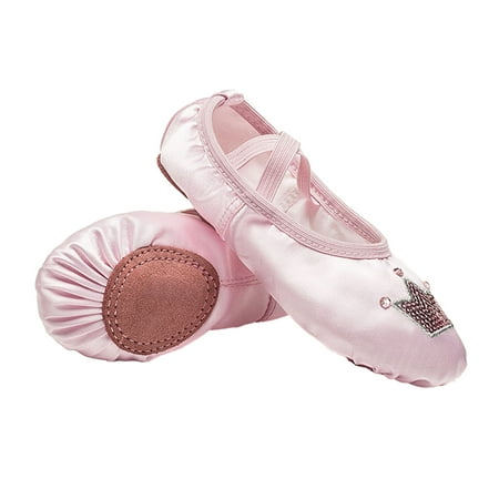 

Manyache 1 Pair Girls Ballet Shoes Soft Sequin Crown Pattern Anti-skid Bottom Elastic Band Faux Silk Breathable Wear-resistant Toddler Big Kid Children Dance Slippers