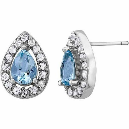 Aquamarine and White Topaz Sterling Silver Pear-Shape Halo Stud Earrings