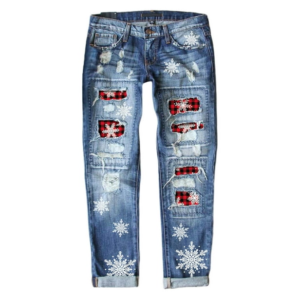 Dokotoo Women's Snowflake Red Plaid Xmas Denim Pants Patchwork