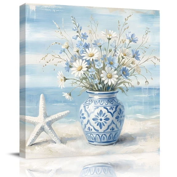 Wall Art Prints, Blue Coastal Framed Canvas Prints for Bedroom Living Room Bathroom Office, Summer Ocean Sea Flowers Vases Starfish Gallery Wrap Wall Art Poster for Gifts Home Decor 12"x12"