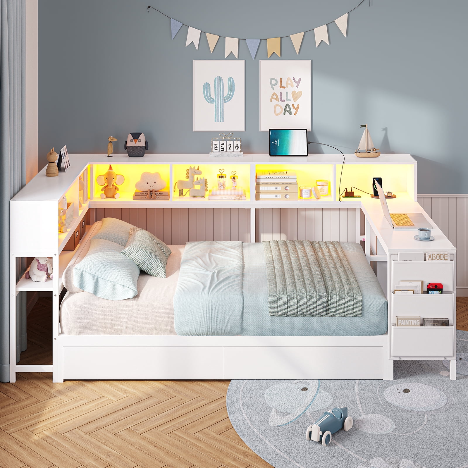 Twin Size Corner Bed Frame with Desk,Charging Station and Bookcase Storage,Twin Daybed with Storage Drawers and Led Lights, Metal Platform Bed Frame with Open Shelves,White