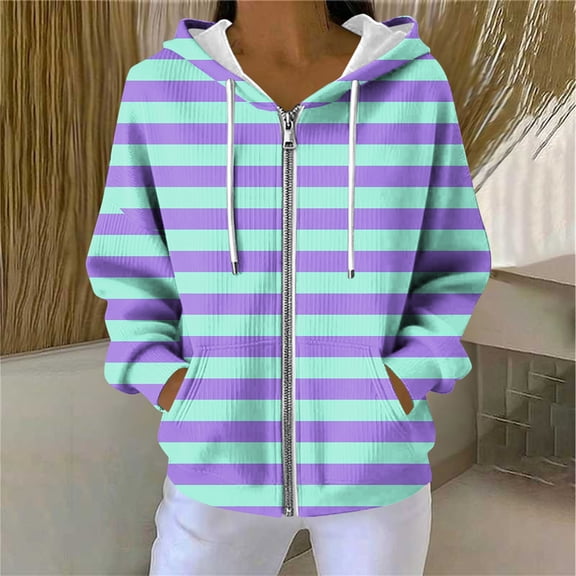 AUNVITO Women's Winter Hooded Sweatshirt Striped Print Long Sleeve Ribbed Zipped Pockets Casual and Trendy Outerwear