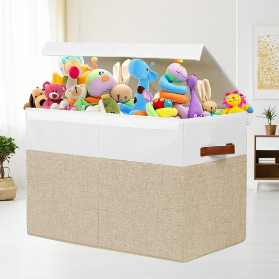 Large Toy Storage Box with Lid, Sturdy Organizer for Kids, Nursery, Bedroom, 25x13x16 Inch Beige and White