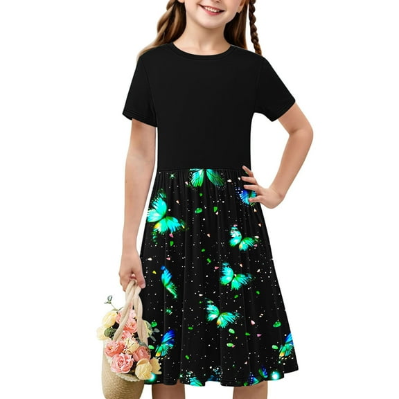 Riecok Tween Girls Patchwork Butterfly Print Short Sleeve Dress Simple A-Line Dress Casual Summer Outfit Kids Fashion Cute Ruffle Black 7 Years