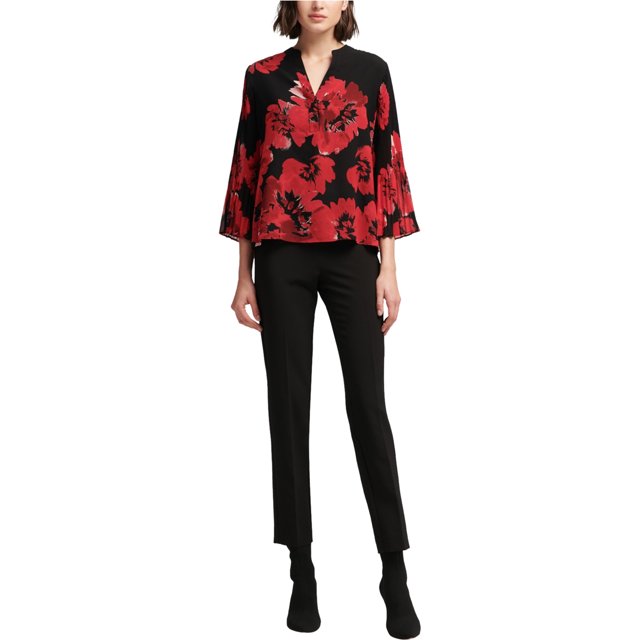 DKNY Blusa henley de manga plisada para mujer, rojo, XS DKNY henley
