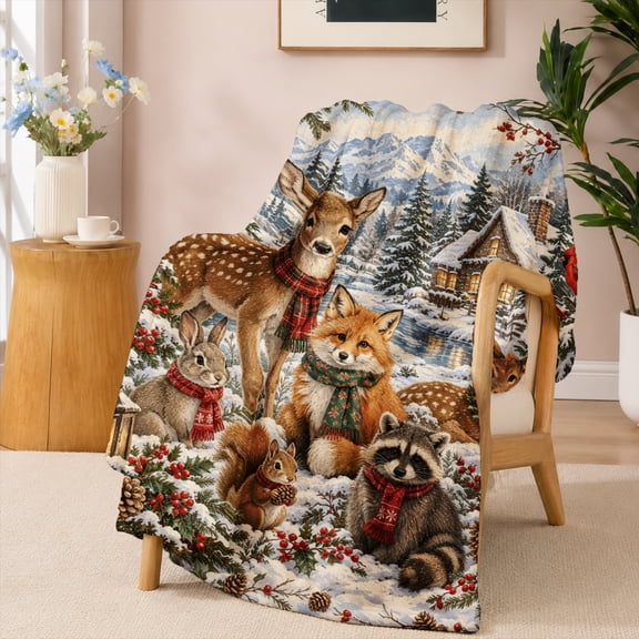 SPXUBZ Flannel Blanket Woodland Animal Winter Scene Soft Cozy Throw Blanket Home Decoration 80"x60"