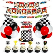 Race Car Party Decorations Supplies Racing Party Banner Race Car Birthday Cake Topper Checkered Flags Balloons for Let's go Racing Theme Sports Event Party Supplies