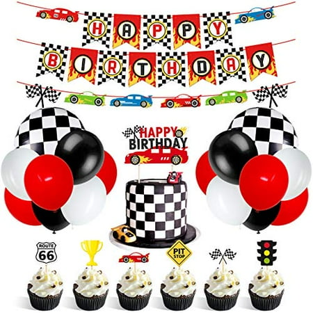 Race Car Party Decorations Supplies Racing Party Banner Race Car Birthday Cake Topper Checkered Flags Balloons for Let's go Racing Theme Sports Event Party Supplies