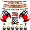Race Car Party Decorations Supplies Racing Party Banner Race Car Birthday Cake Topper Checkered Flags Balloons for Let's go Racing Theme Sports Event Party Supplies