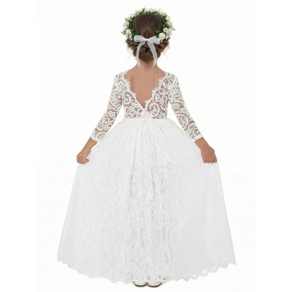 2Bunnies Girls' 12M-12yr Paisley All-Over Lace V Back Long Sleeve Maxi Flower Girl Dress