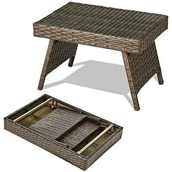 HAPPYGRILL Patio Side Table Rattan Wicker Coffee Table with Steel Frame Outdoor Foldable Portable Side Table for Garden Lawn Poolside