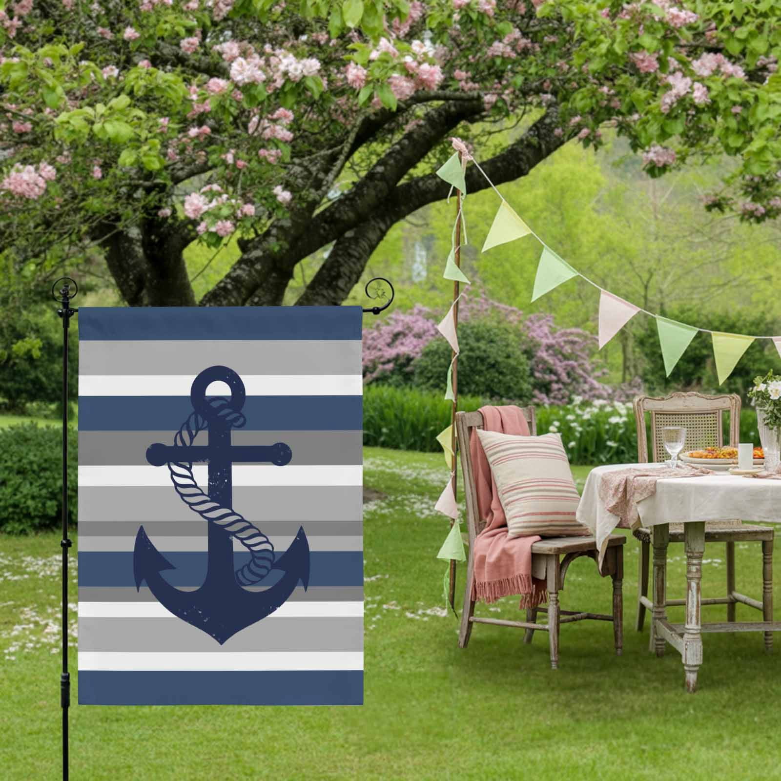 Nautical Anchor House Flag 28 x 40 Inches, Navy Blue Grey Stripe Modern Simplistic Striped Weather Proof Outdoor Patio Flags Double Sided Small House Decoration for Yard Lawn Outside Home