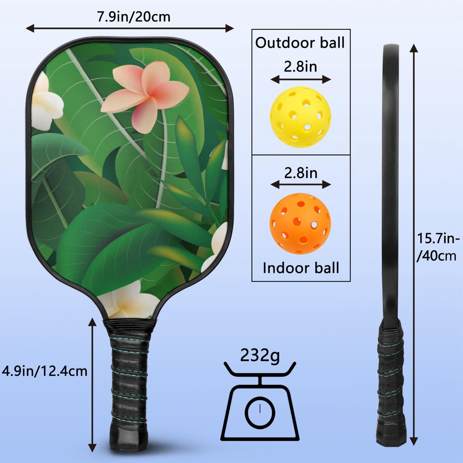 Pickleball Paddles Set Of 1, Fiberglass Surface, Tropical Leaf Print, 1 Paddle, 2 Balls & Bag