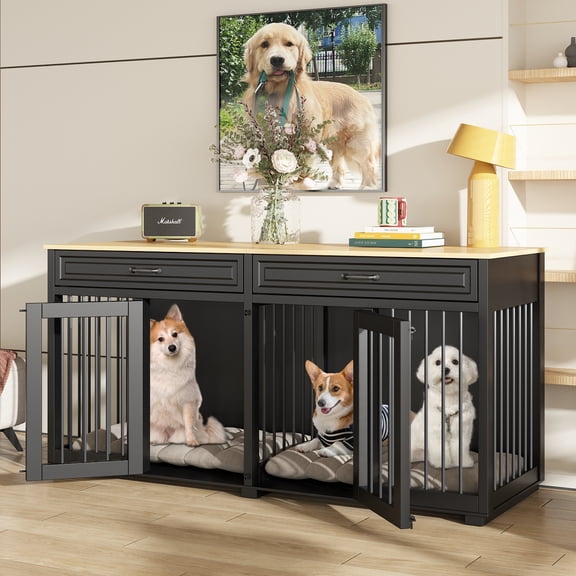 NARTRU 64.6" Large Double Dog Crate Kennel Furniture with Divider and 2 Drawers for 2 Small or Medium Dogs Indoor, Black