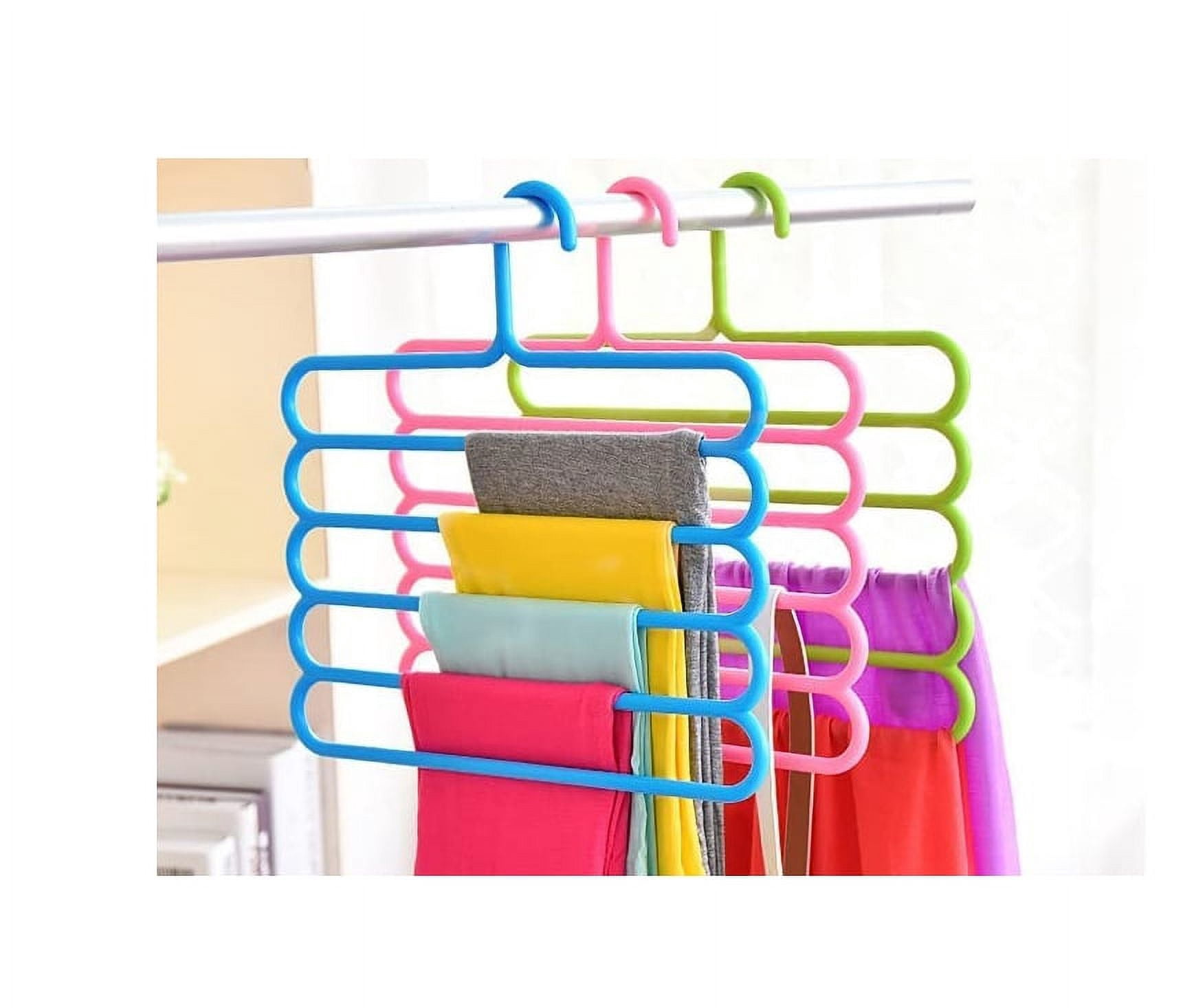 Slip Free 5 Layers Closet Pants Organizer, Multifunctional Space Saving Cloth Hanger,Plastic Non-Slip Space Saving Clothes Slack Hangers for Clothes Trousers Scarfs Ties (4 Pack, Random Color)