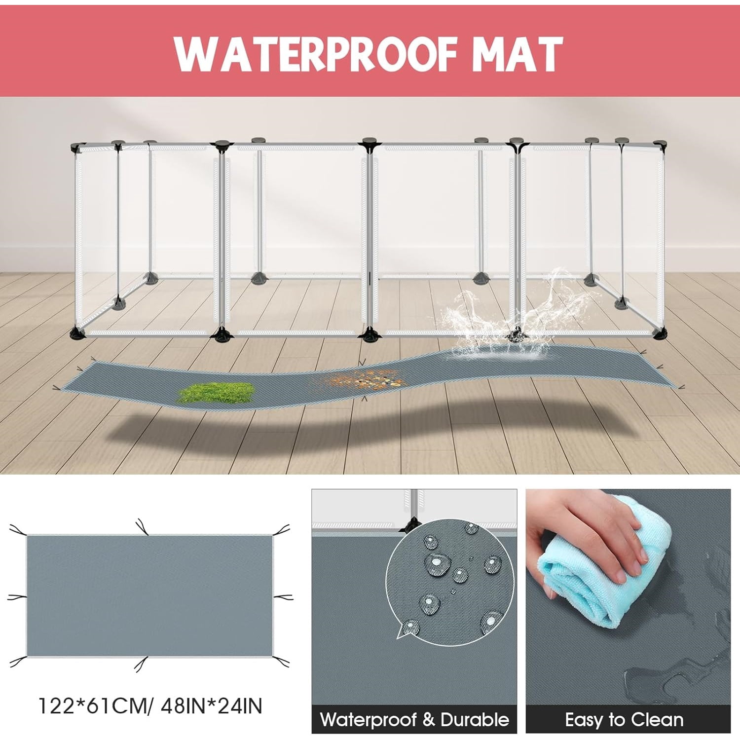 48" x 32" x 24" Transparent Playpen with Waterproof Mat,Plastic Enclosure,Puppy Play Pen for Chicken,Pet Fence for Guinea Pigs,Bunny,Ferrets,Hamsters,Hedgehogs Indoor