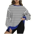 thumbnail image 3 of Busydd Womens Sweatshirts Fall Fashion Striped Basic Hoodie Casual Loose Long Sleeve Shirts for Women Slit Hem Crewneck Sweatshirts Lightweight Oversized Hoodies Pullover Tops, 3 of 5