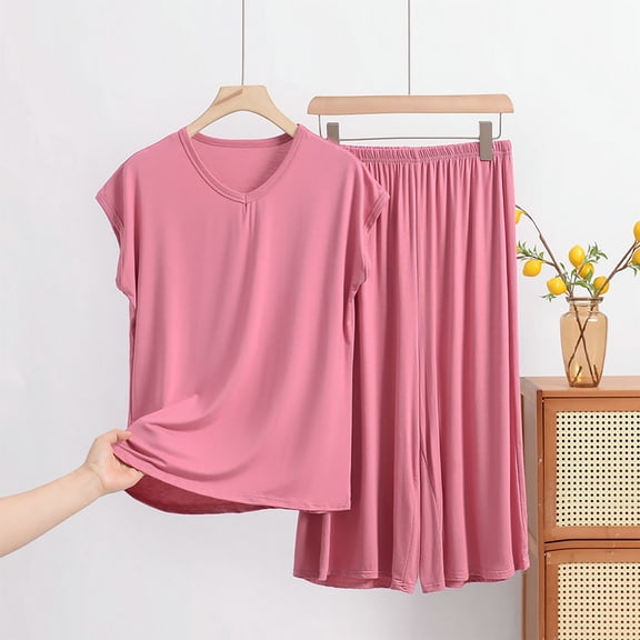 Njagoc3 Women's Short Sleeve Crew Neck Top & Short Set - Solid Color, Loose Fit, Summer & Sleep Wear