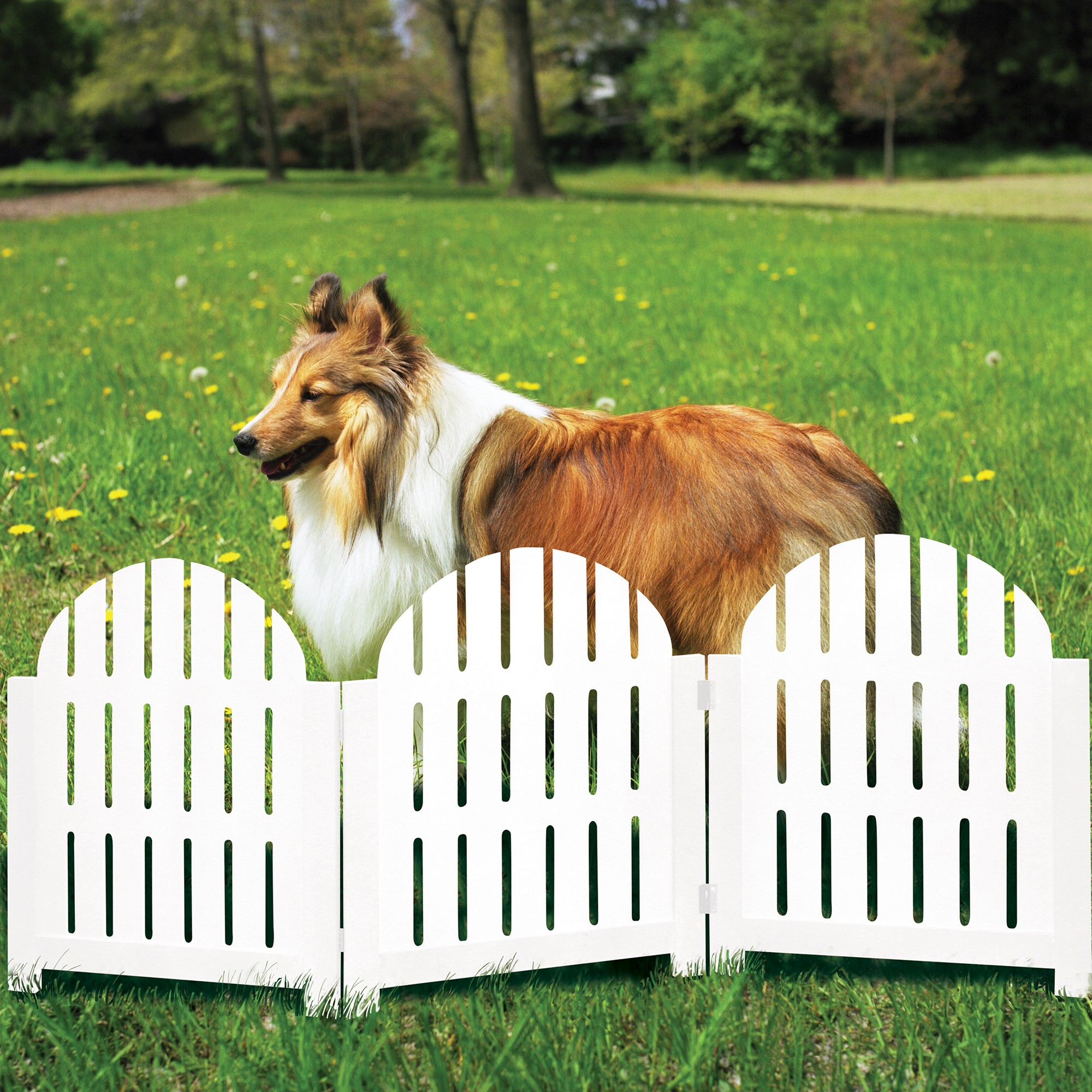 Etna Products White Adirondack Style Free Standing Pet Gate. 3 Panel Foldable Gate for Doorways, Stairs. Indoor/Outdoor 20.5" H x 48" W.