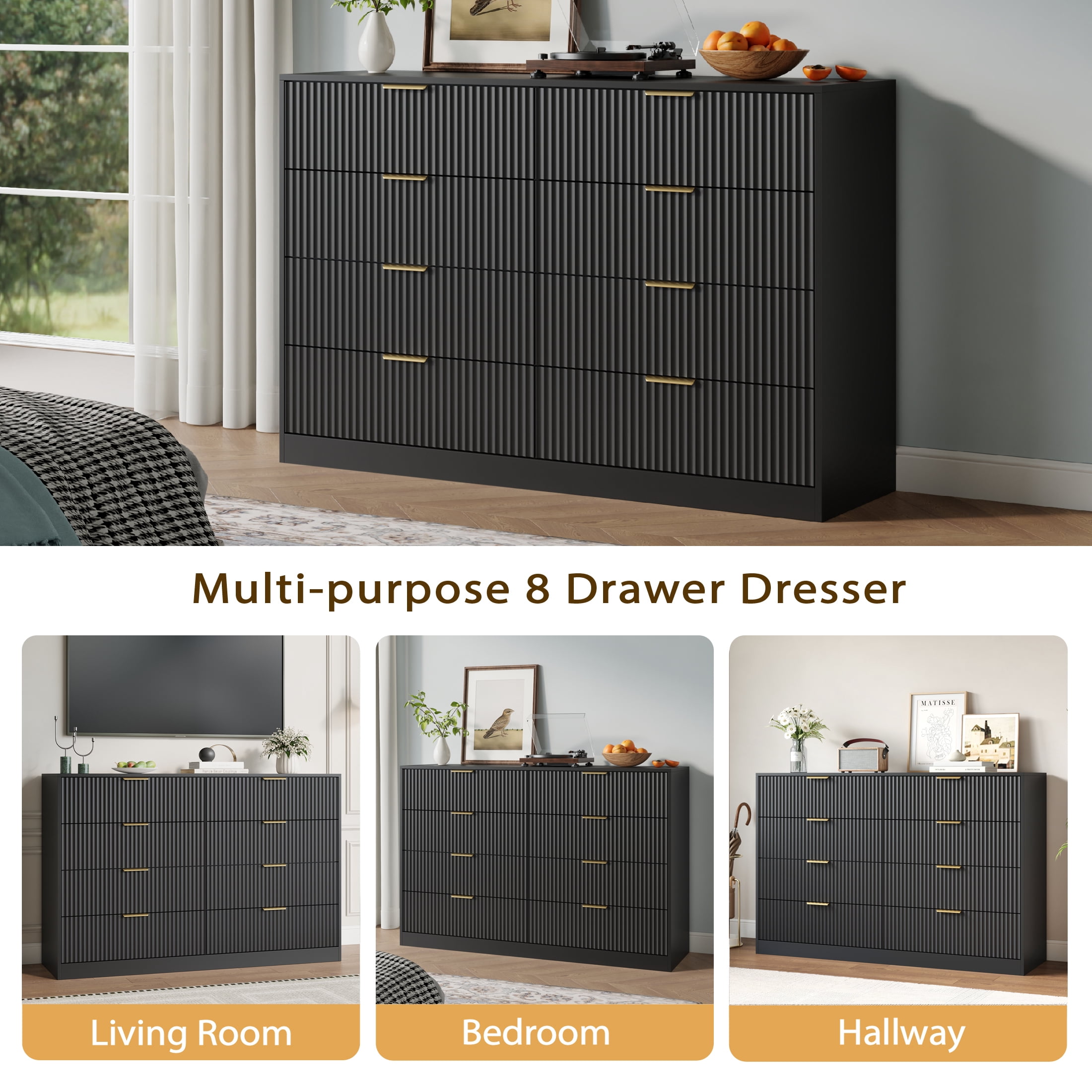 YouTrend Black 8 Drawer Dresser with for Bedroom,Modern Adult Fluted Wood Chest of Drawer with Golden Embedded Handles for Living Room,Hallway