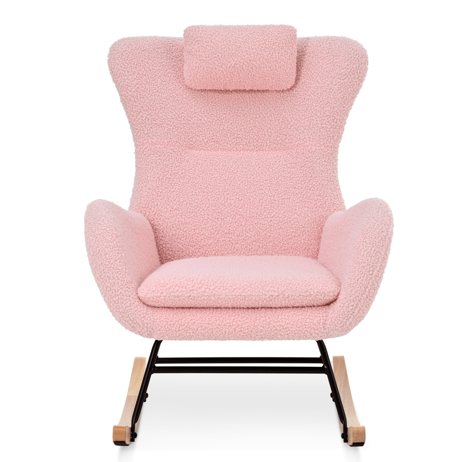 Rocking Chair Nursery, Teddy Upholstered Rocker Glider Chair with High Backrest, Adjustable Headrest & Pocket, Comfy Glider Chair for Nursery, Bedroom, Living Room, Offices, Rubber wood, pink 80119