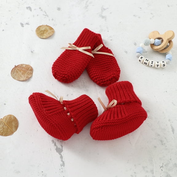 Baby Shoes Gloves Set Knit Newborn Girls Boys Boots Mitten Fashion Butterfly-knot Toddler Infant Slip-On Bed Shoes Hand Made