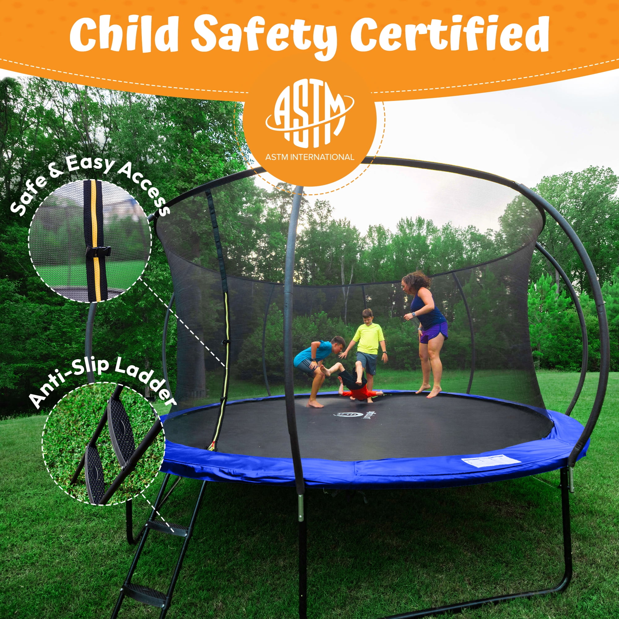 JUMPZYLLA Trampoline Outdoor with Enclosure and Ladder, ASTM, 12 ft, Blue