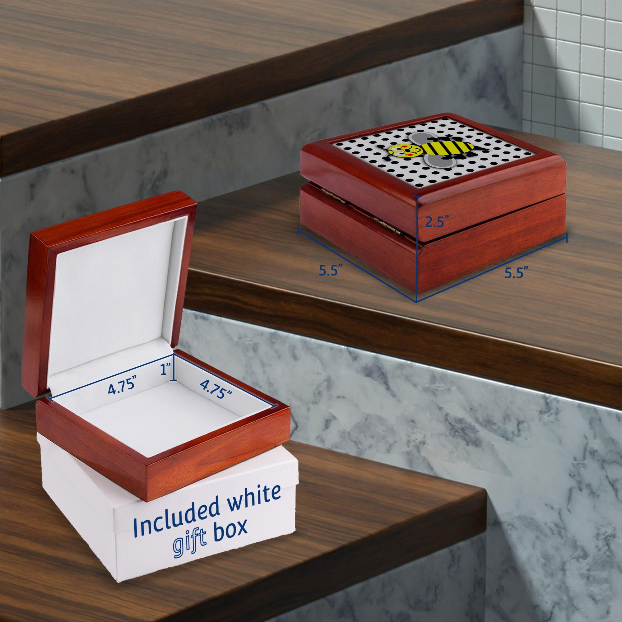 3dRose, Print of Cute Bumble Bee Cartoon On Dots, Jewelry Box 5.5x5.5 inch with 4 inch tile