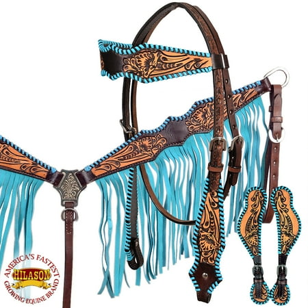 Tooled Roper Breast Collar - HILASON AMERICAN LEATHER HORSE HEADSTALL BREAST COLLAR SPUR STRAP FRINGES