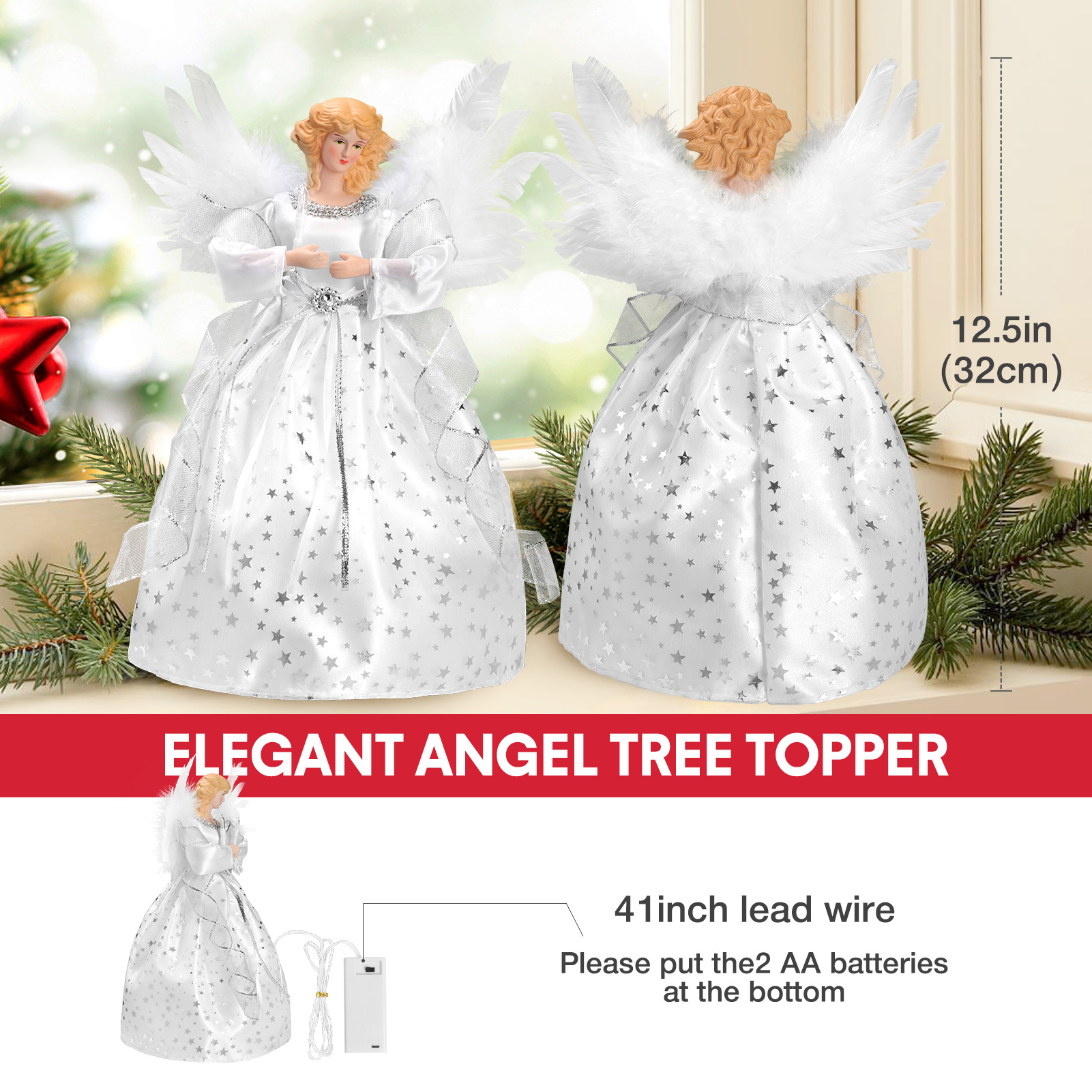 Ayieyill 12-Inch Lighted Angel Christmas Tree Topper, Silver photo 4