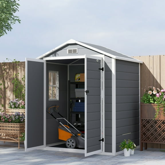 Outsunny Outdoor Storage Shed, 72" x 52.75" Garden Shed with Double Lockable Doors, Vent and Window, Plastic Utility Tool Shed, Gray