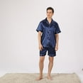 thumbnail image 4 of SWSMCLT Men's 2 Piece Pajamas Set Soft Silky Casual Sleepwear Pjs Satin Summer Thin Short Sleeve Button Down Navy White XX-Large, 4 of 4