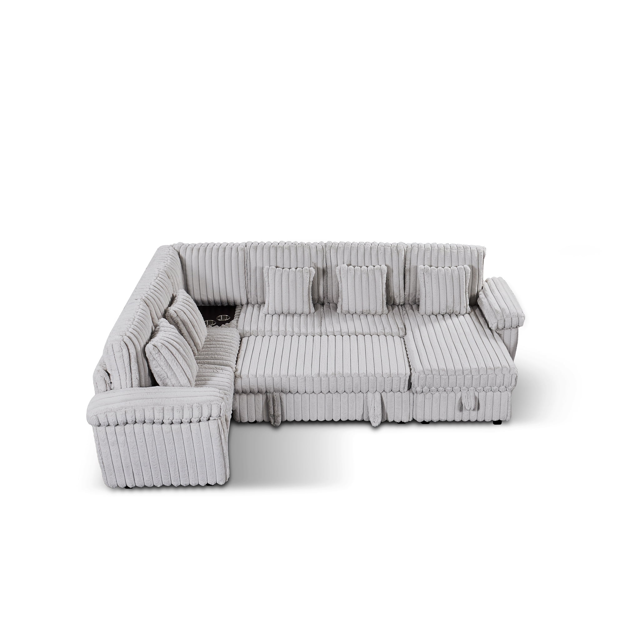 103" U-Shaped Corduroy Sectional Sofa with Pull-Out Sleeper Bed and Storage Chaise, Soft Plush Modular Sofa Couch with Corner Table with Cup Holders and USB Port for Living Room