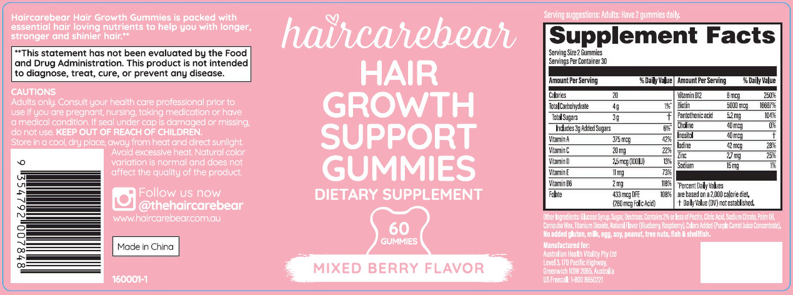 haircarebear Hair Growth Support Gummies with Biotin and Zinc 60s