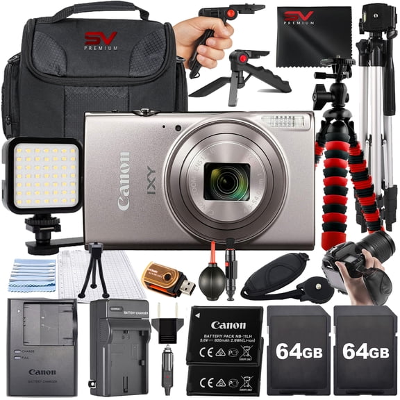 Canon PowerShot IXY650 HS Digital Camera (Silver) with SanDisk 64GB Memory Card   Case   Tripod   SV Premium Accessory Bundle (International Version)