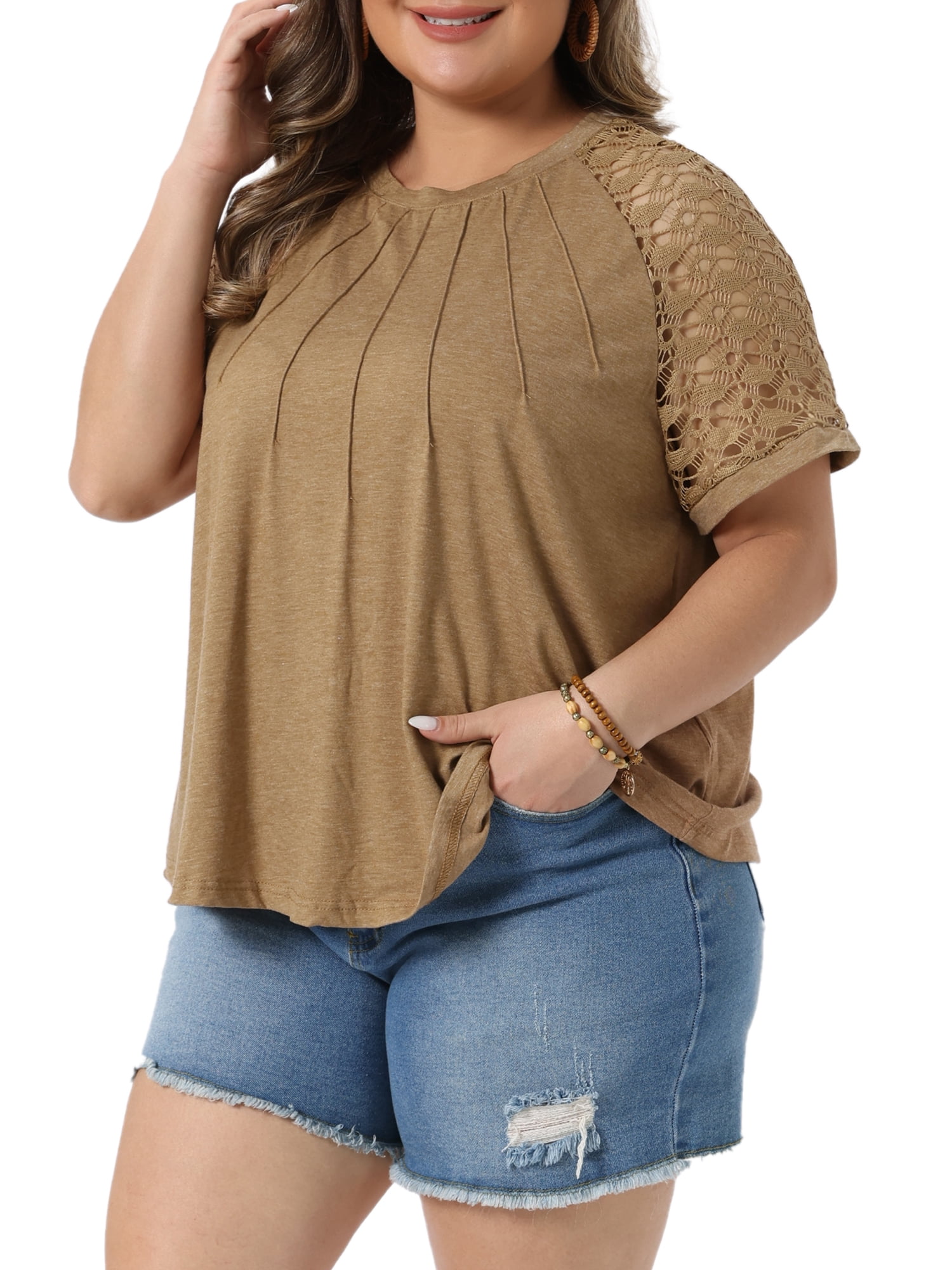 DARING DIVA Women's Plus Crew Neck Lace Dressy Casual Blouse Tunic Shirts 1X Camel