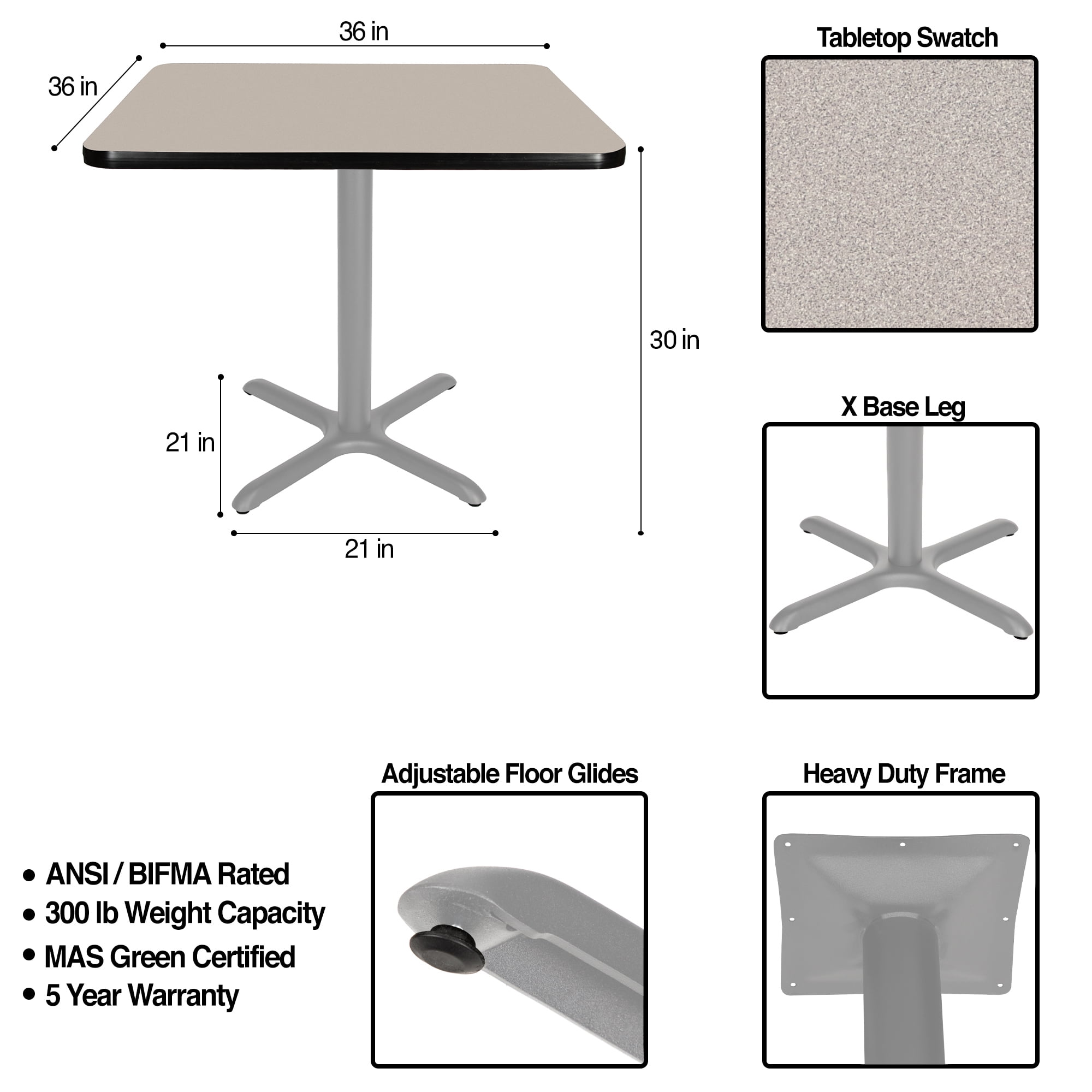 Hampden Furnishings Bennet Collection Steel Frame 36" Square Top, X Base, 30" Height, Cafe Table Grey Frame/Grey Nebula Top
