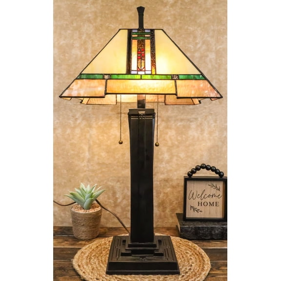 Louis Tiffany Mission Style Geometric Vectors Stained Glass Shade Table Lamp