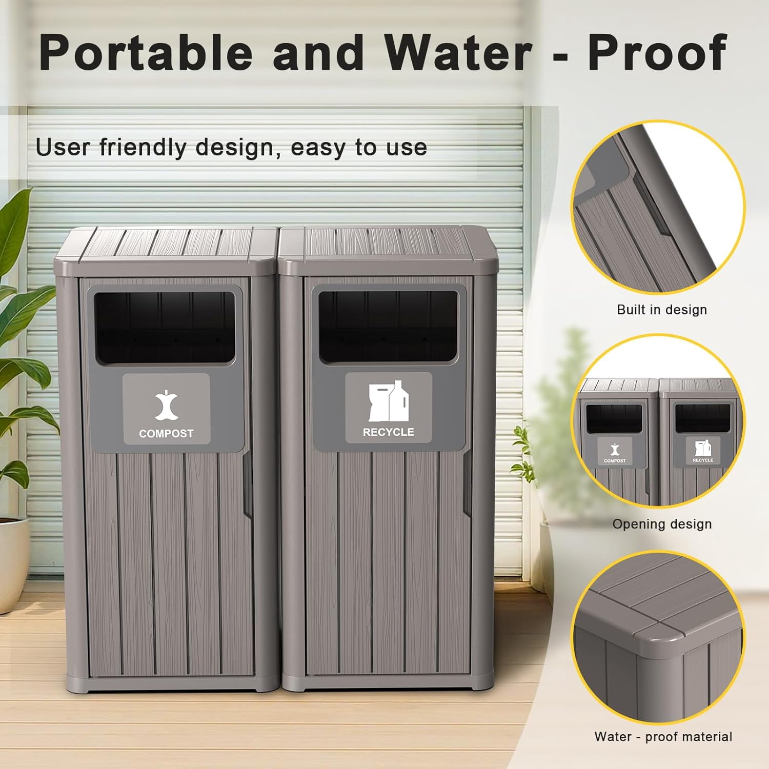 Outdoor Two Barrel Trash Can – Waterproof Resin Garbage Bin with Recycling Labels – Fits 30-39 Gallon Trash Bags, Durable Waste Bin for Porch, Backyard & Kitchen(33.07 * 16.54 * 35.43)