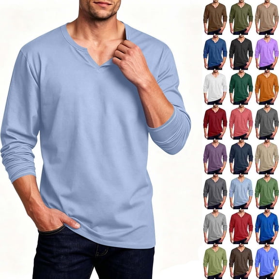 DYTTDG Men's Notched V-Neck Long Sleeve T-Shirt | Solid Color Loose Fit Casual Breathable Pullover for Daily and Workout, Lightweight Knit Athletic Top