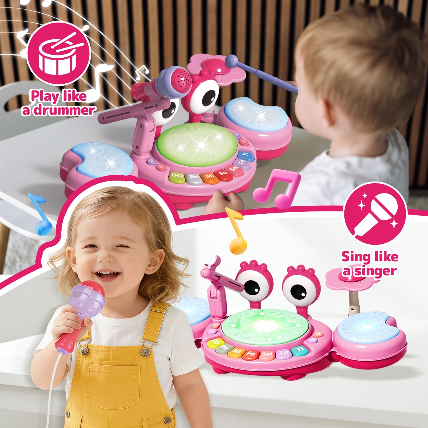LINXUXIE Crab Drum Instruments Set, Kids Musical Toy with Microphone, Birthday Gifts for 1-3 3-5 5-8 Year Old