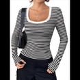 thumbnail image 2 of Camisas de Larga con Cuello Redondo para Mujer, Blusas Informales de Punto Acanalado de Corte Ajustado, Camisetas Básicas de Trabajo para Verano y Otoño. Rayas Blancas M, 2 of 9