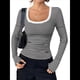 thumbnail image 2 of Camisas de Larga con Cuello Redondo para Mujer, Blusas Informales de Punto Acanalado de Corte Ajustado, Camisetas Básicas de Trabajo para Verano y Otoño. Rayas Blancas M, 2 of 9