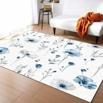 Area Rugs Indoor Non-Slip Rectangle Rug 5x8 Ft Vintage Country Farm Blue Flower Poppy Leaf Rug Rubber Backing Floor Mats Non Shedding Home Decor Carpet for Entryway Living Room