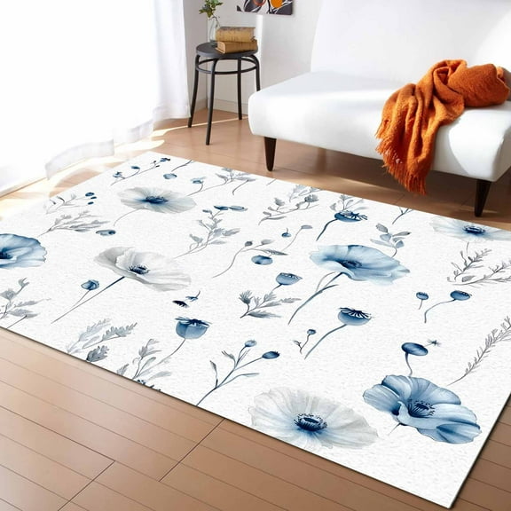 Area Rugs Indoor Non-Slip Rectangle Rug 5x8 Ft Vintage Country Farm Blue Flower Poppy Leaf Rug Rubber Backing Floor Mats Non Shedding Home Decor Carpet for Entryway Living Room