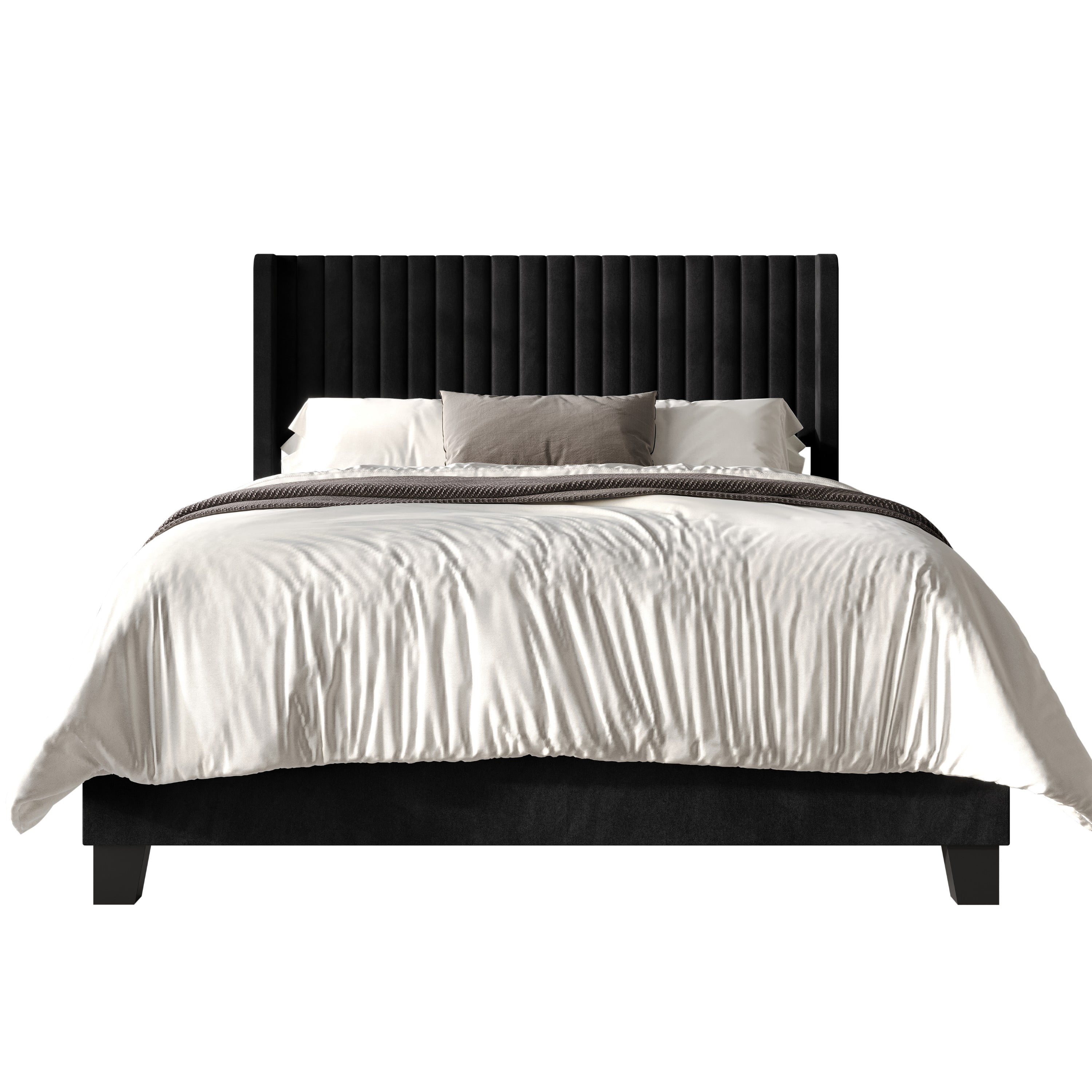 Home Design Ashland Twin Velvet Upholstered Panel Bed Frame with Wingback Headboard and Foam Padding, Black, Easy Assembly